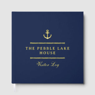 Gold Anchor & Rope Navy Blue Nautical Visitor Log Foil Guest Book