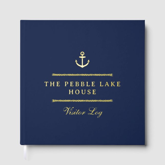Gold Anchor & Rope Navy Blue Nautical Visitor Log Foil Guest Book (Front)