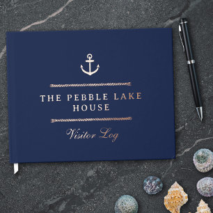 Gold Anchor & Rope Navy Blue Nautical Visitor Log Foil Guest Book