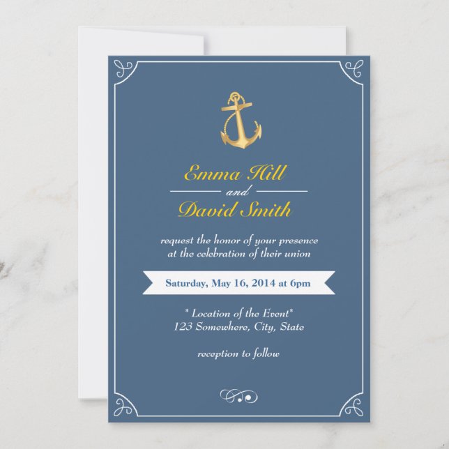 Gold Anchor Royal Blue Nautical Wedding Invites (Front)
