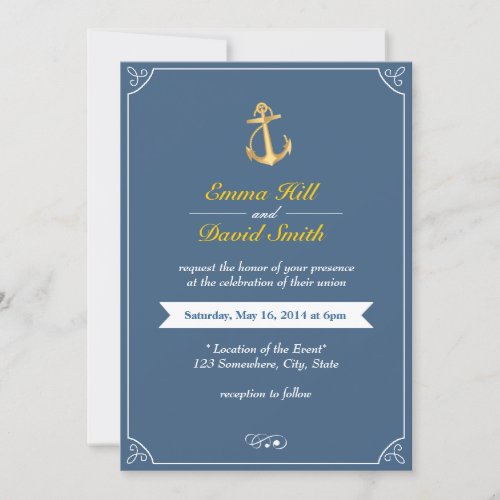 Gold Anchor Royal Blue Nautical Wedding Invites 5" X 7" Invitation Card