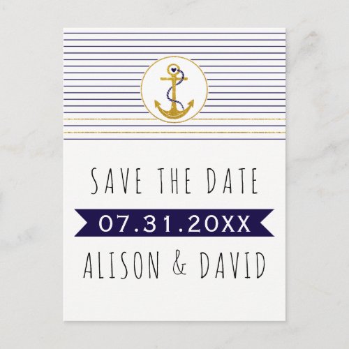Gold anchor striped nautical wedding Save the Date Announcement Postcard
