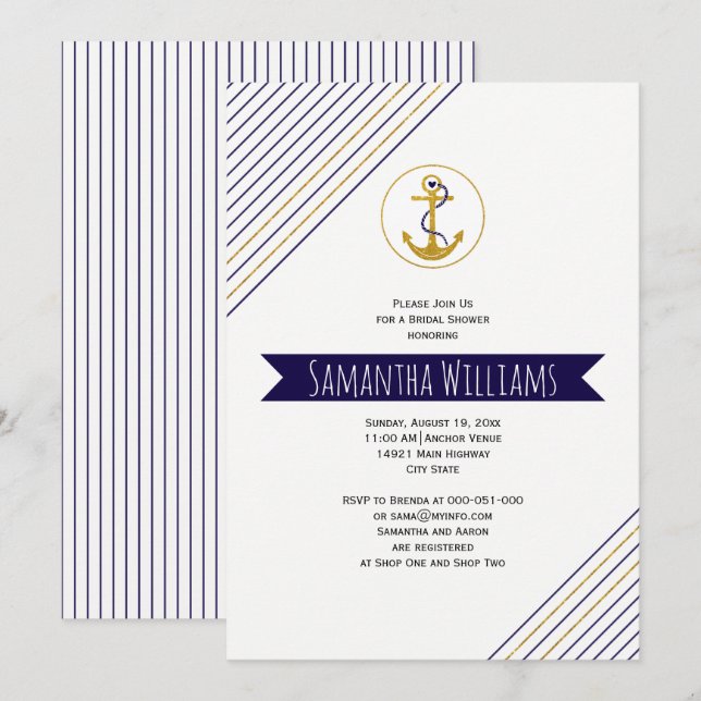 Gold anchor stripes nautical wedding bridal shower invitation (Front/Back)