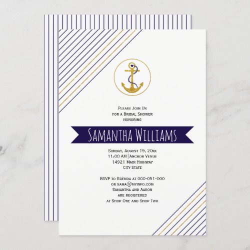 Gold anchor stripes nautical wedding bridal shower invitation