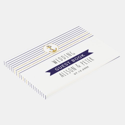 Gold anchor stripes nautical wedding guest book