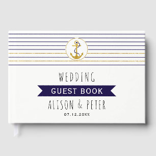 Gold anchor stripes nautical wedding guest book