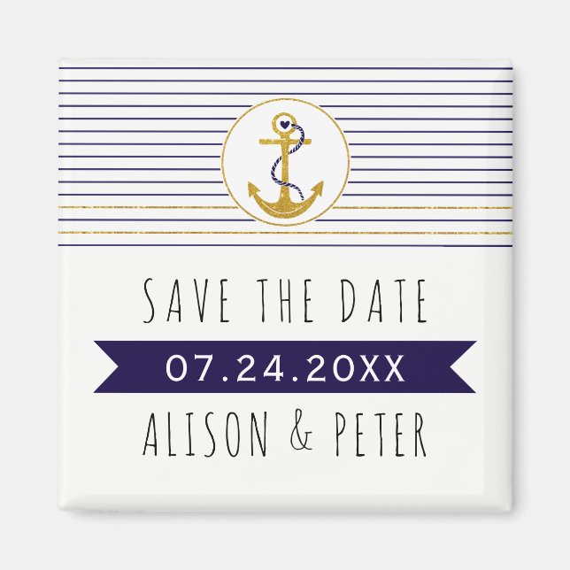 Gold anchor stripes nautical wedding Save the Date Magnet (Front)