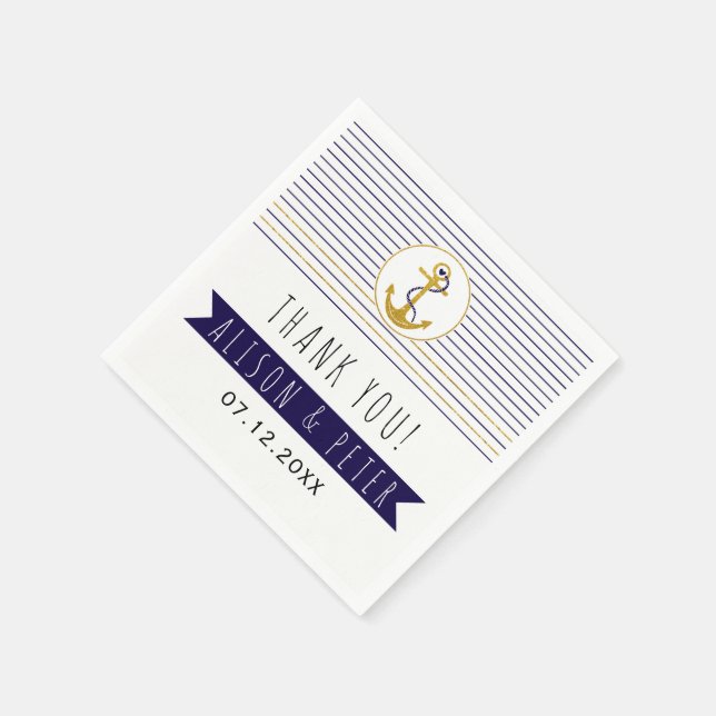 Gold anchor & stripes nautical wedding Thank You Paper Napkins (Corner)