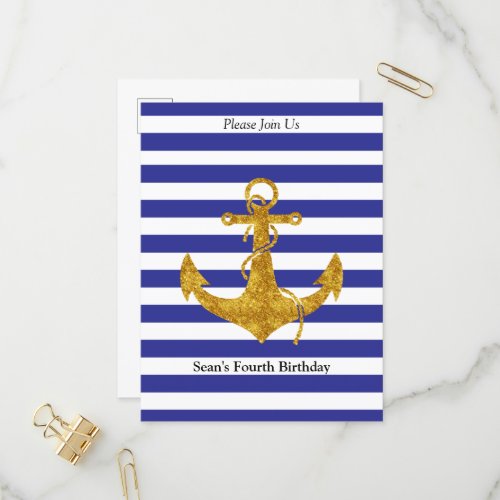 Gold Anchor with Blue Stripes Birthday Invitation Postcard