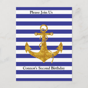 Gold Anchor with Blue Stripes Birthday Postcard