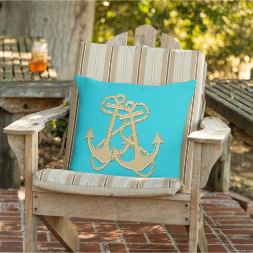 Gold Anchors Aqua Blue Square Outdoor Pillow