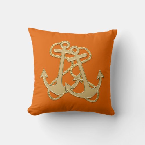 Gold Anchors Nautical Orange Square Throw Pillow