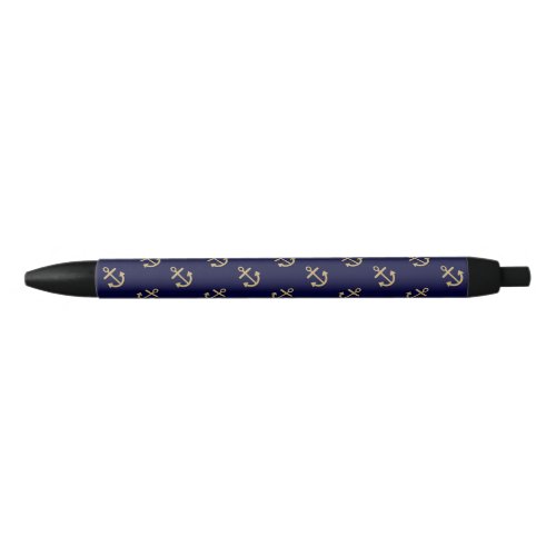 Gold Anchors Navy Blue Background Pattern Black Ink Pen