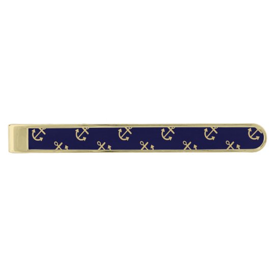 Gold Anchors Navy Blue Background Pattern Gold Finish Tie Clip