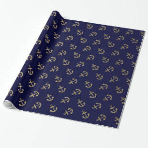 Gold Anchors Navy Blue Background Pattern Wrapping Paper