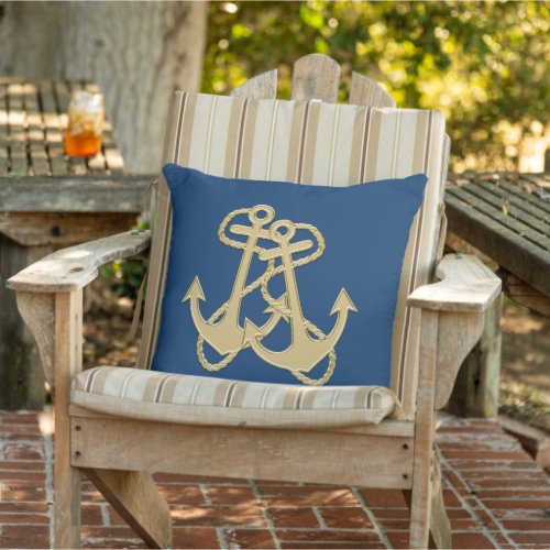Gold Anchors Navy Blue Square Outdoor Pillow