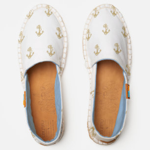 Gold Anchors on White Pattern Slip Ons Espadrilles