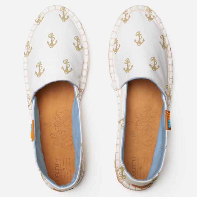 Gold Anchors on White Pattern Slip Ons Espadrilles (Front)