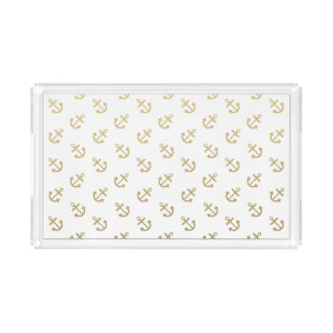 Gold Anchors White Background Pattern Acrylic Tray