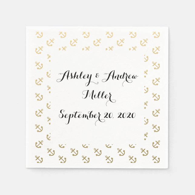 Gold Anchors White Background Pattern Paper Napkins (Front)