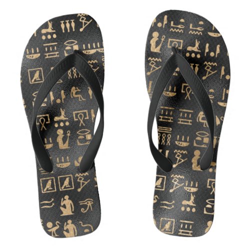 Gold Ancient Egyptian Hieroglyphics on Black Flip Flops