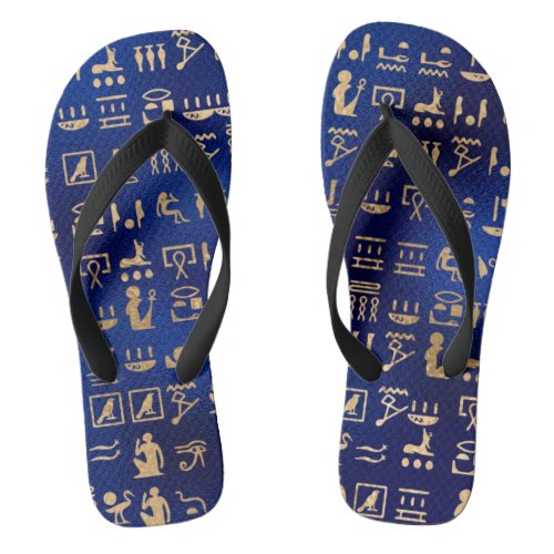 Gold Ancient Egyptian Hieroglyphics on Blue Flip Flops