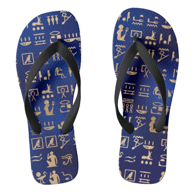 Gold Ancient Egyptian Hieroglyphics on Blue Flip Flops (Footbed)