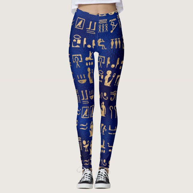 Gold Ancient Egyptian Hieroglyphics on Blue Leggings (Front)