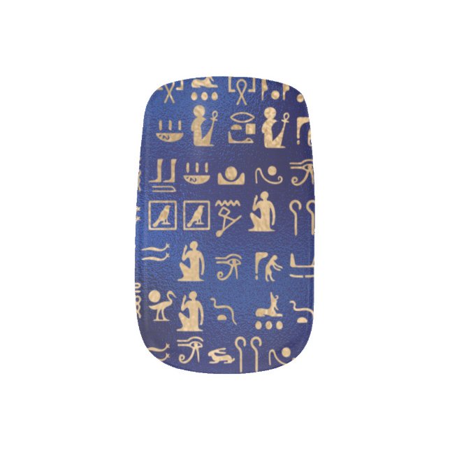 Gold Ancient Egyptian Hieroglyphics on Blue Minx Nail Art (Left Thumb)