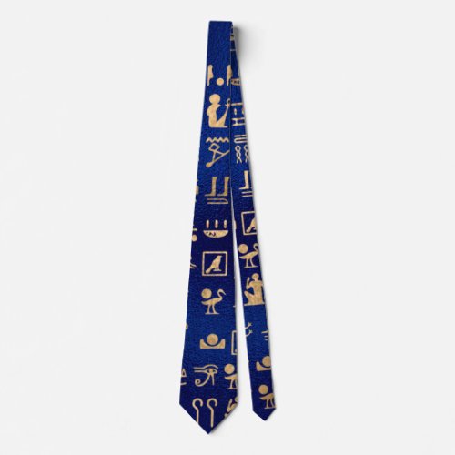 Gold Ancient Egyptian Hieroglyphics on Blue Neck Tie