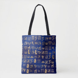 Gold Ancient Egyptian Hieroglyphics on Blue Tote Bag