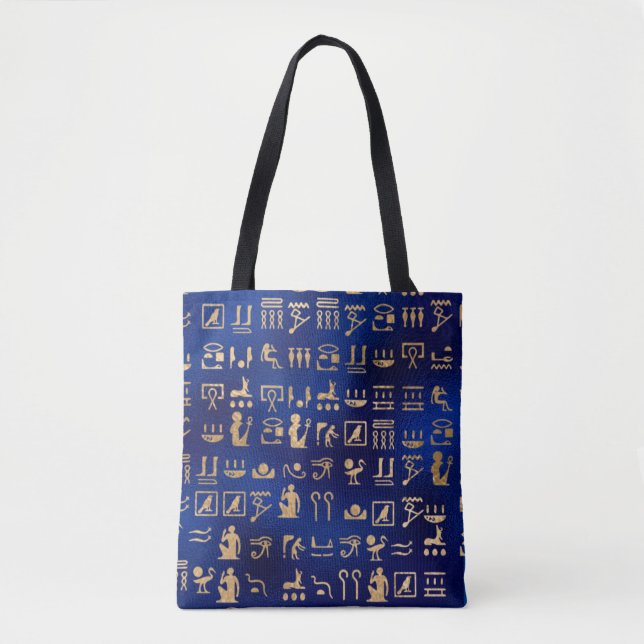Gold Ancient Egyptian Hieroglyphics on Blue Tote Bag (Front)