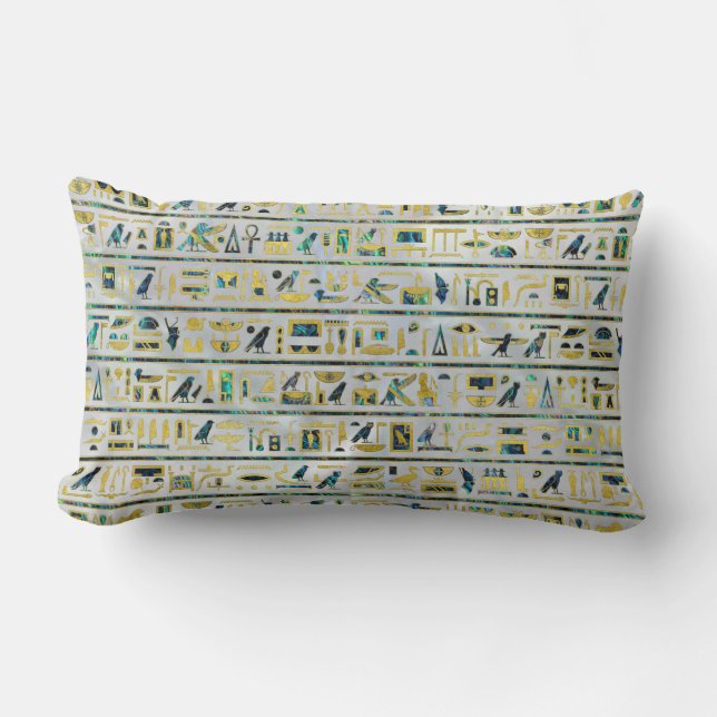 Gold and Abalone Egyptian hieroglyphs on pearl Lumbar Pillow (Front)