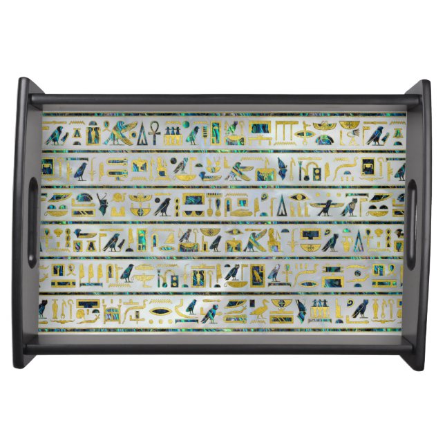 Gold and Abalone Egyptian hieroglyphs on pearl Serving Tray (Front)
