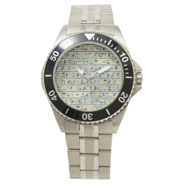 Gold and Abalone Egyptian hieroglyphs on pearl Watch (Front)