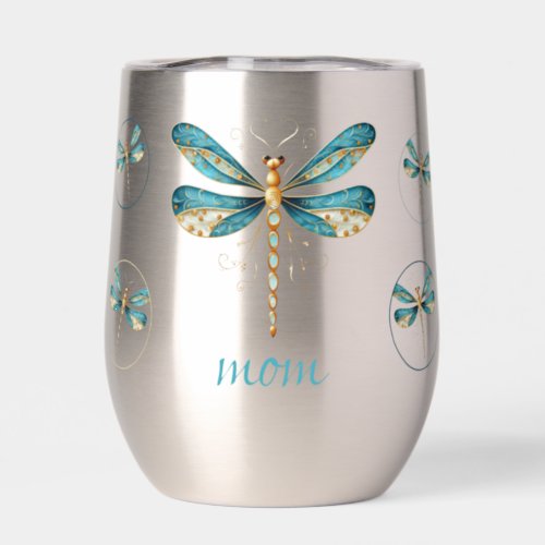 Gold and Aqua Dragonflies Collage Thermal Wine Tumbler