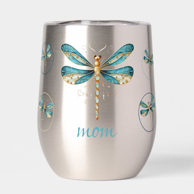 Gold and Aqua Dragonflies Collage Thermal Wine Tumbler (Back)