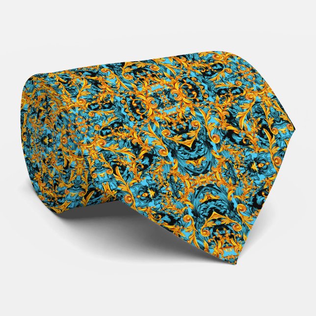 GOLD AND AQUA ITALIAN BAROQUE PRINT MEN'S NECK TIE (Rolled)