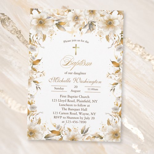 Gold and Beige Flower Baptism Invitation