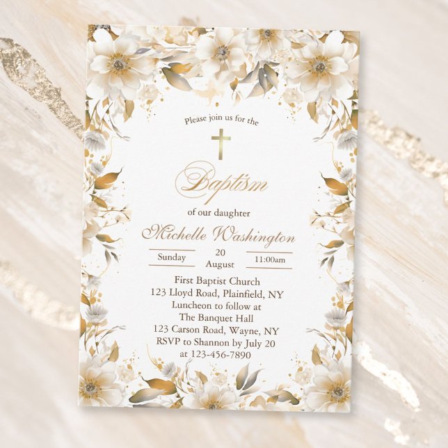 Gold and Beige Flower Baptism Invitation (Creator Uploaded)