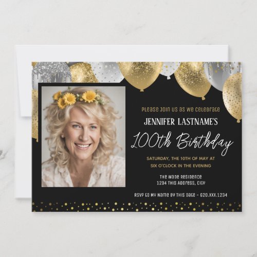 Gold and Black 100th Birthday Photo Invitation