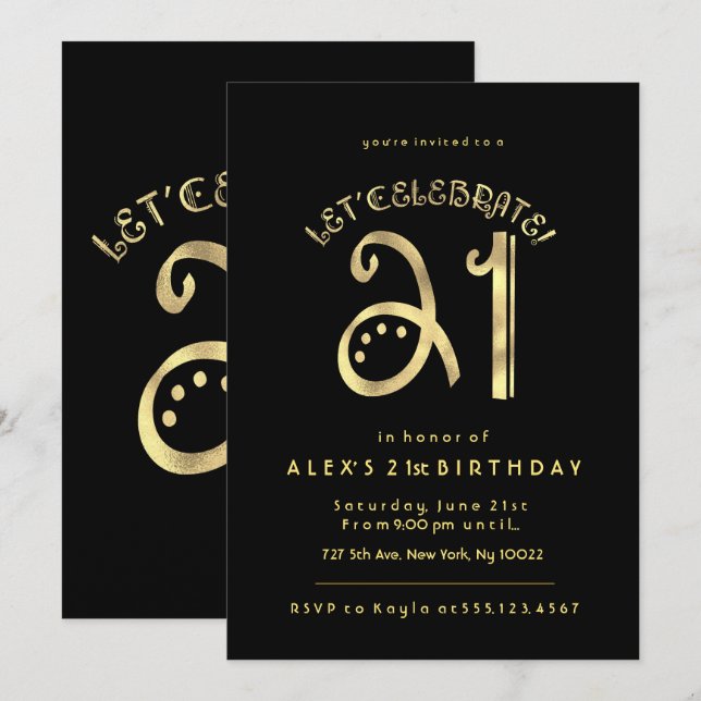 Gold and Black, 21st Birthday Invitations (Front/Back)