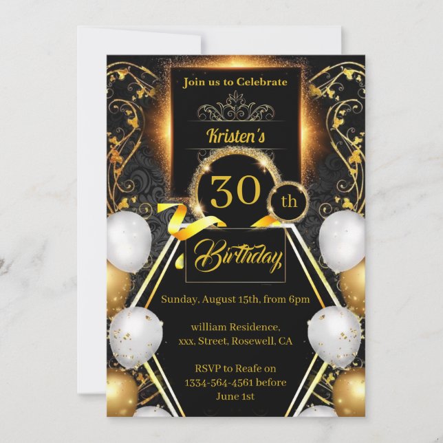 Gold and Black 30th Birthday Invitation (Front)