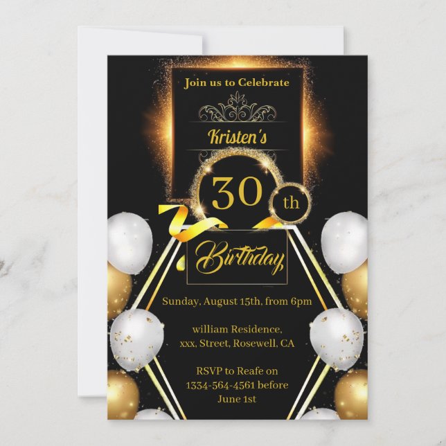 Gold and Black 30th Birthday Invitation (Front)