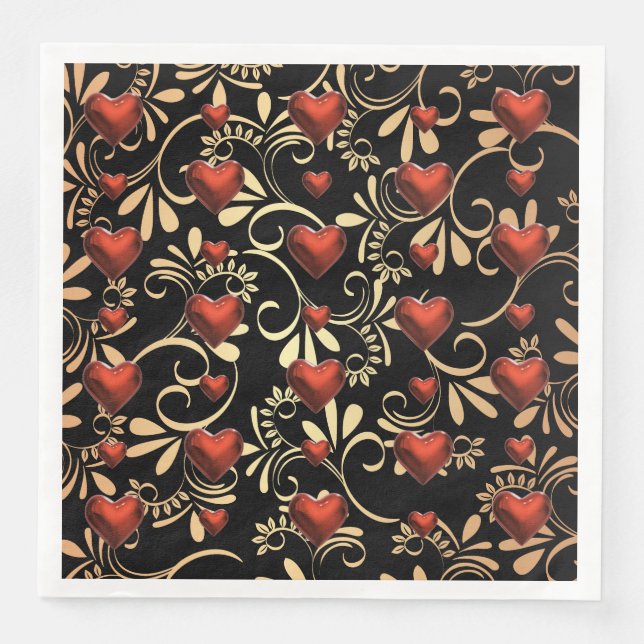 Gold and Black 3 D Red Hearts Paper Dinner Napkins (Front)