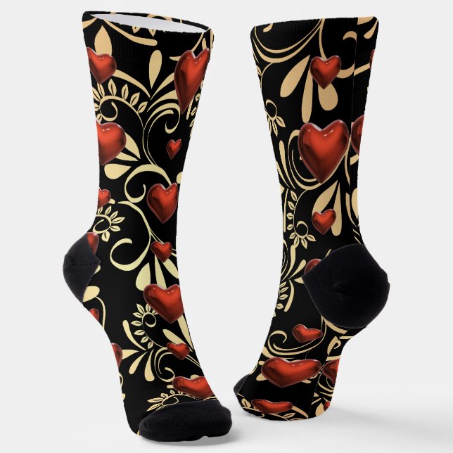 Gold and Black 3 D Red Hearts Socks (Angled)