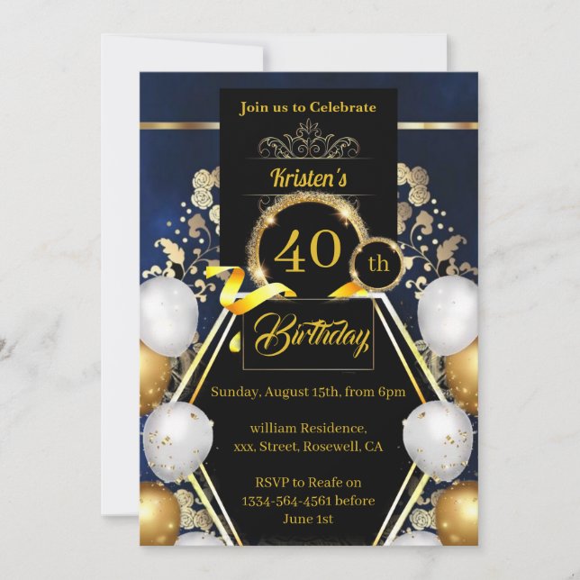 Gold and Black 40th Birthday Invitation (Front)