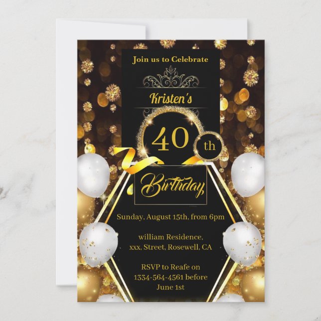 Gold and Black 40th Birthday Invitation (Front)