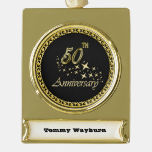 Gold and black 50th Anniversary Celebration Gold Plated Banner Ornament