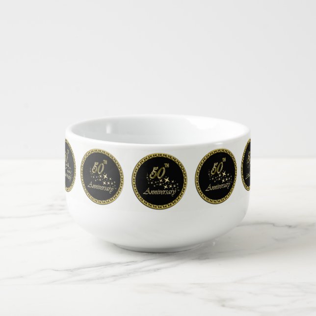 Gold and black 50th Anniversary Celebration Soup Mug (Front)